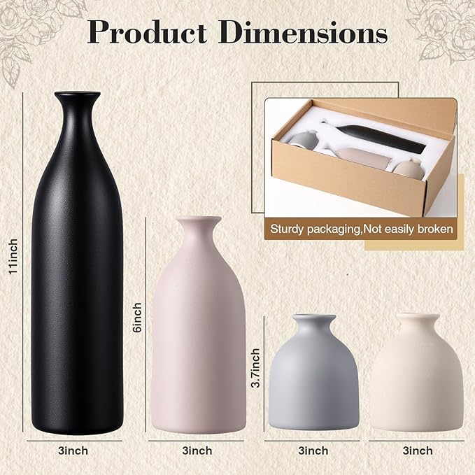 Dandat Brown Ceramic Vase Set of 4, Modern Decorative Ceramic Vases Rustic Pottery Centerpiece Table Decor for Farmhouse Bouquet Pampas Grass Dried Fresh Flowers, Living Room, Kitchen, Bedroom