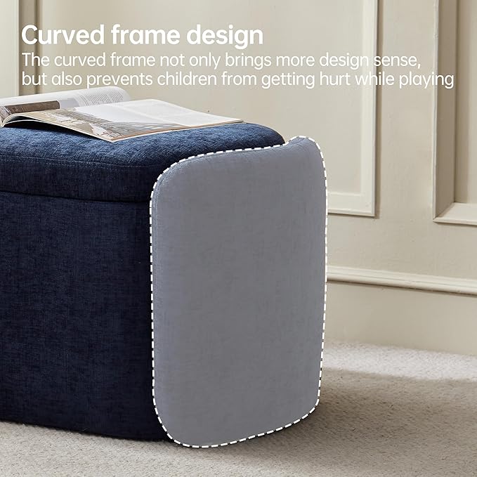 VKNOW 46" Oval Storage Ottoman Bench, Upholstered End of Bed Bench Ottomans Bench Foot Rest, Sherpa Storage Bench for Bedroom, Living Room and Hallway, Navy