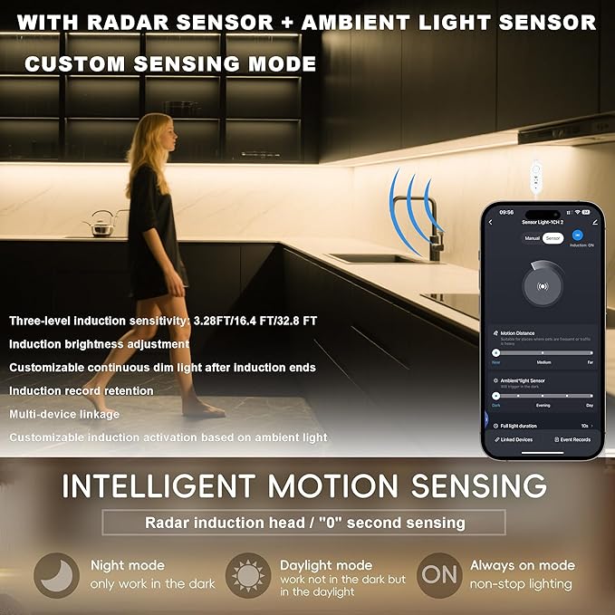42inch WiFi Night Light Radar Motion Sensor Silicone LED Under Cabinet Lights RGB CCT White 2700K-6500K, Waterproof, APP Control, Dimmable Timing, for Google Home Alexa, for Kitchen, Under Counter