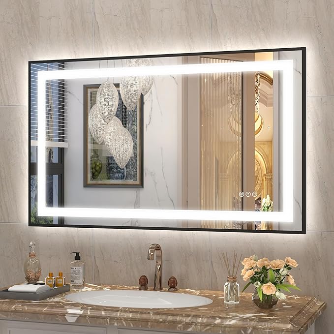 OKPAL LED Bathroom Mirror with Black Metal Frame, 40x24 Lighted Mirrors for Bathroom Wall, Front and Backlit Lighted Bathroom Mirror, Dimmable, Anti-Fog, ETL Listed, Horizontal/Vertical