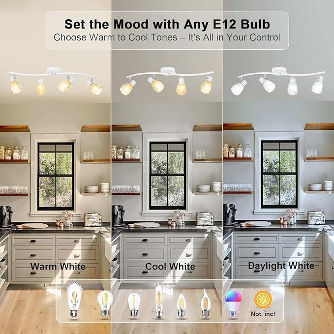HiBay 4-Light Track Lighting White, Adjustable Modern Ceiling Light Fixture w/Glass Shades, Flush Mount Ceiling Wall Spotlight Indoor for Bathroom, Kitchen, Living Room, E12 Base, No Bulbs