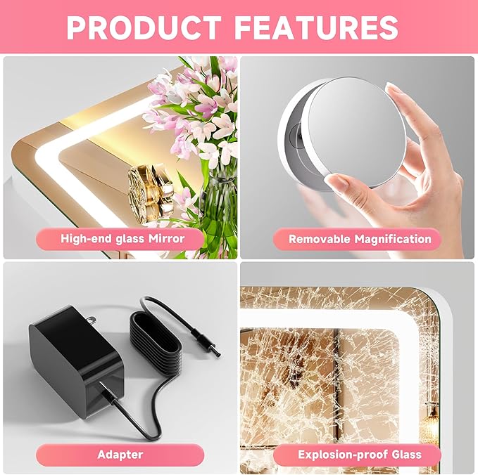 Vanity Mirror with Lights, 40" x 29" LED Makeup Mirror with 10X Magnification, Dimmable 3 Modes, Memory Function, Smart Touch, USB Charging Port, Lighted Makeup Mirror Round White