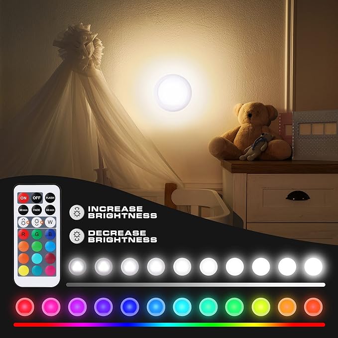 EverBrite Tap Light, Push Light, LED Puck Lights with 12 RGB Colors, Wireless Touch Light Under Cabinet, 80 Lumens Night Light for Closet, Bedroom, Wall, Classroom, 18 AAA Batteries Included, 6-Pack