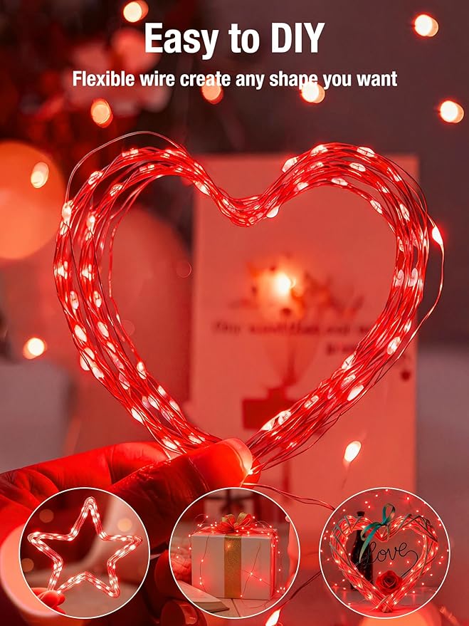 btfarm Valentines Day Fairy Lights Battery Operated with Timer, 16.4 FT 50 LED Silver Wire Twinkle String Lights 8 Modes Dimmable Waterproof for Indoor Home Party Christmas Bedroom Wedding, Red