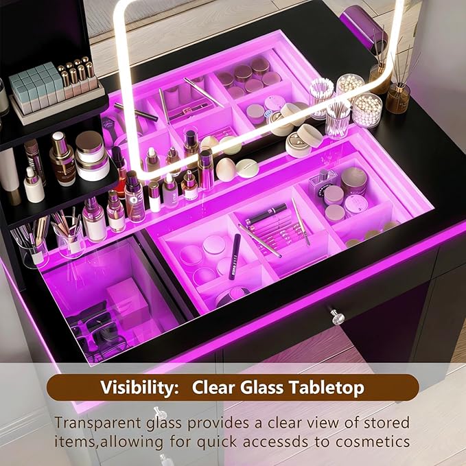 Black Vanity Desk with Illuminated Mirror & Power Outlet, Bedroom Dresser LED Mirror Stepless Dimmable & 3 Color Modes Adjustable RGB Drawers, for Women Girls Bedroom（Pure Black