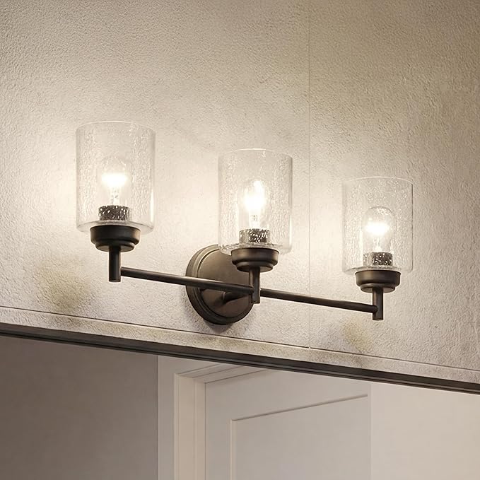 Kichler Winslow 21.5” Vanity Light in Black with Clear Seeded Glass, 3-Light Modern Bathroom Lighting Fixture, 45886BK