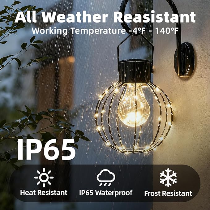 Hanging Solar Lantern Outdoor, 8.19" Large Solar Pendant Lights Outdoor Waterproof with Warm White Bulb&String LED Inside, Decor for Patio, Garden, Yard, Pergola, Christmas, Camping, 2 Pack Gift Set