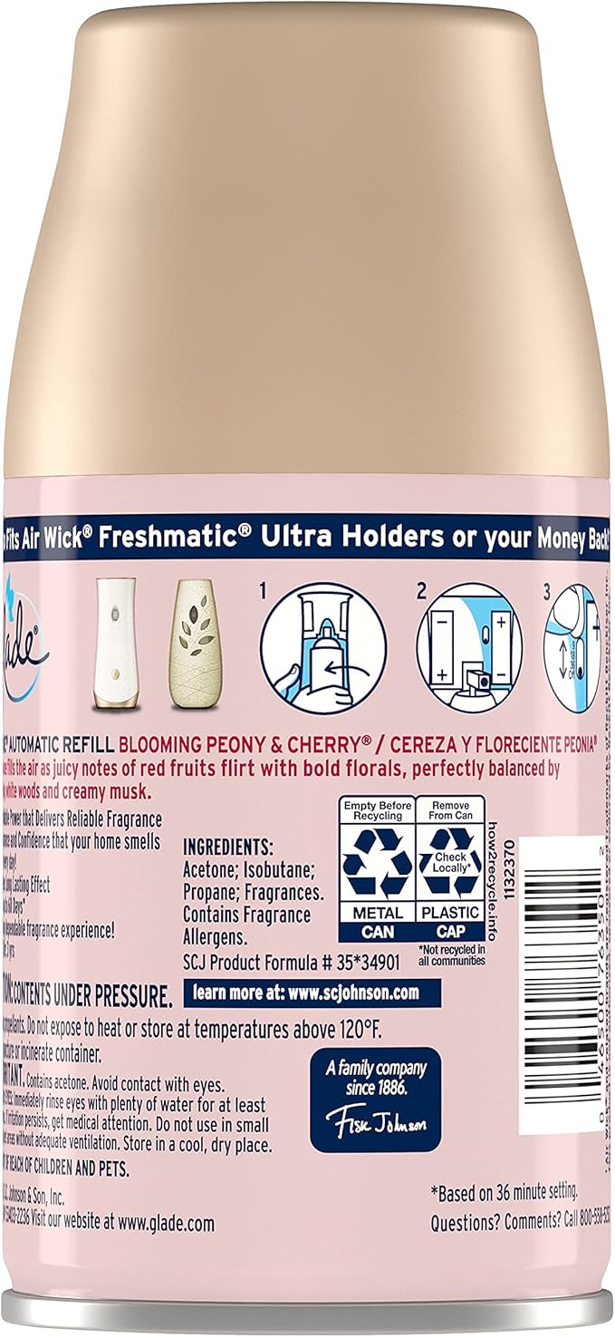Glade Automatic Spray Refill, Air Freshener for Home and Bathroom, Blooming Peony & Cherry, 6.2 Oz