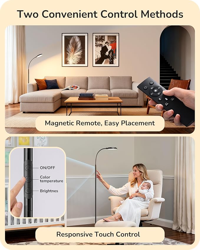 EDISHINE LED Floor Lamp, 1300LM Super Bright Reading Floor Lamps for Living Room, Dimmable 4 Color Temperature Standing Lamp, Remote & Touch Control, Adjustable Gooseneck Lamp for Bedroom Office Black