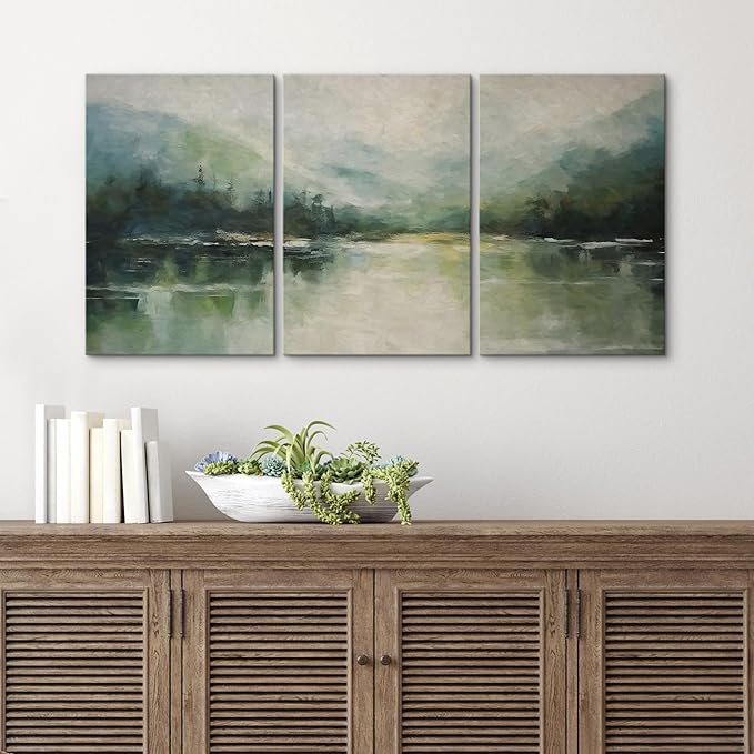 wall26 Canvas Print Wall Art Set Emerald Green Watercolor Mountain Range Forest Nature Wilderness Illustrations Modern Art Decorative Rustic Relax/Calm Colorful for Bedroom - 24"x36" x 3