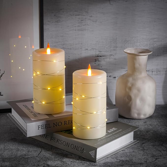 Rechargeable Flameless Candles, LED Candles, Candles with Remote and Timers, Real Wax Pillar Candles, with Flickering Embedded Star String，Ivory White, Set of 2