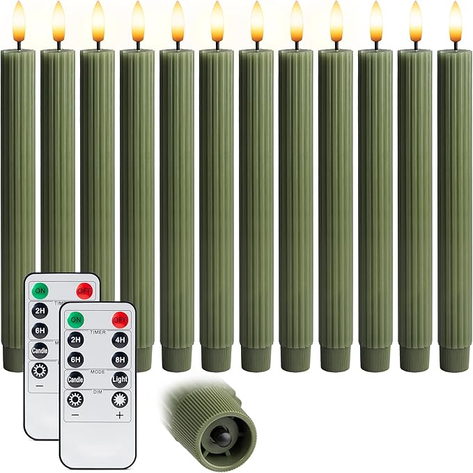 12 Pack, 10" LED Flameless Loden Green Fluted Ribbed Grooved Taper Candles, Remote & 24h Timer Memory, On/Off Button, Dimmable, Flicker Mode, Battery Operated, Christmas Menorah Wedding