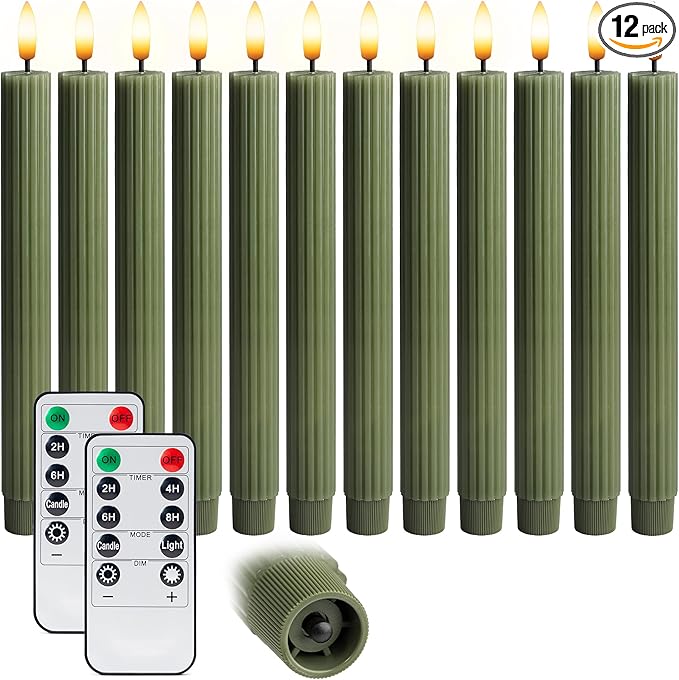 WYZworks 10" Fluted Ribbed LED Loden Green Grooved Pillar Candles, Remote & 24h Timer Memory, On/Off Switch - Flameless Dimmable Battery Operated w/Flicker Mode, Home Wedding Decor (12 Pack)