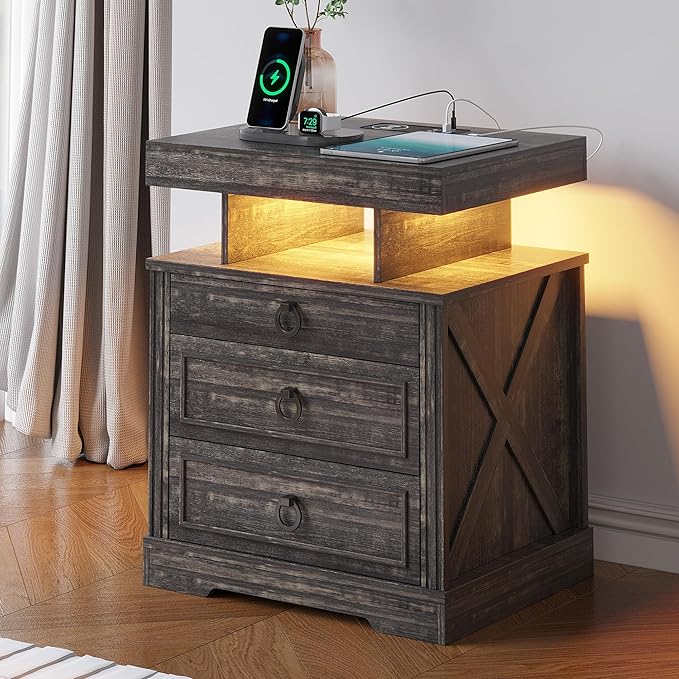 HNEBC Set of 2 Smart Farmhouse Nightstands with Gun Safe Drawers, 3-Color Auto LED Lights, Built-in Charging Station & Hidden Compartment, Bedroom Bedside Tables Rustic Brown