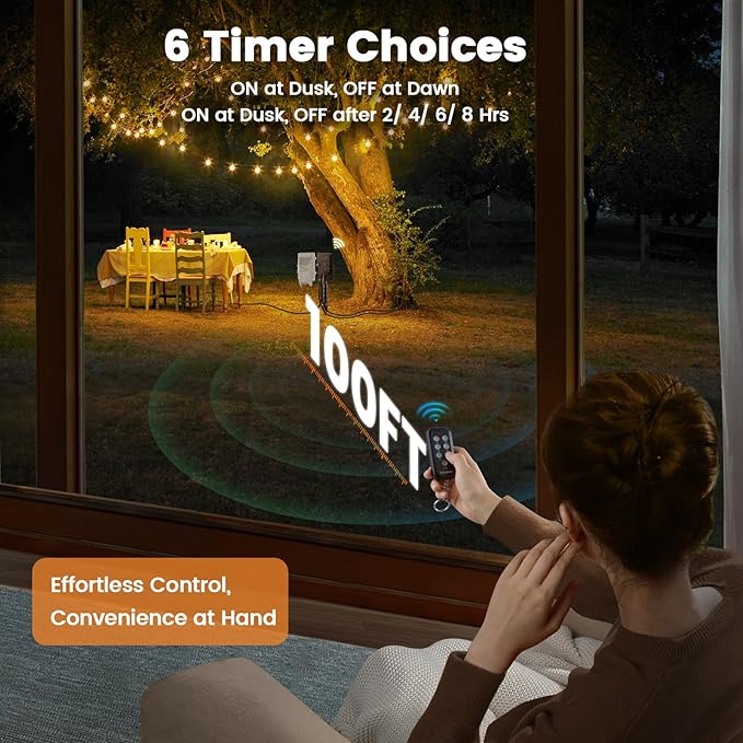 SURAIELEC Outdoor Power Stake Timer Waterproof, 100FT Wireless Remote Control, Photocell Dusk to Dawn Timer, 6 Electrical Outlets, 6FT Extension Cord, for Halloween Decoration, Outdoor Lights, Garden
