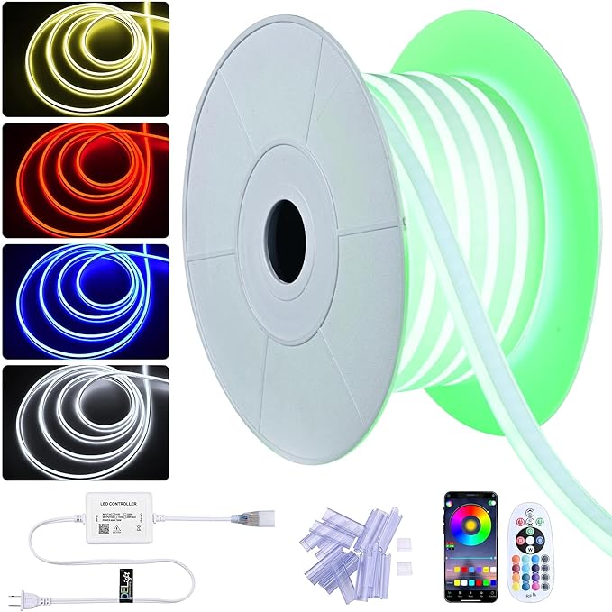 DELight AC 110-120V Waterproof IP65 RGB 50ft Neon Rope Lights with Remote Control & APP Music Sync Dimmable Cuttable Flexible LED Strip Lights Outdoor DIY Project DEL-D50R