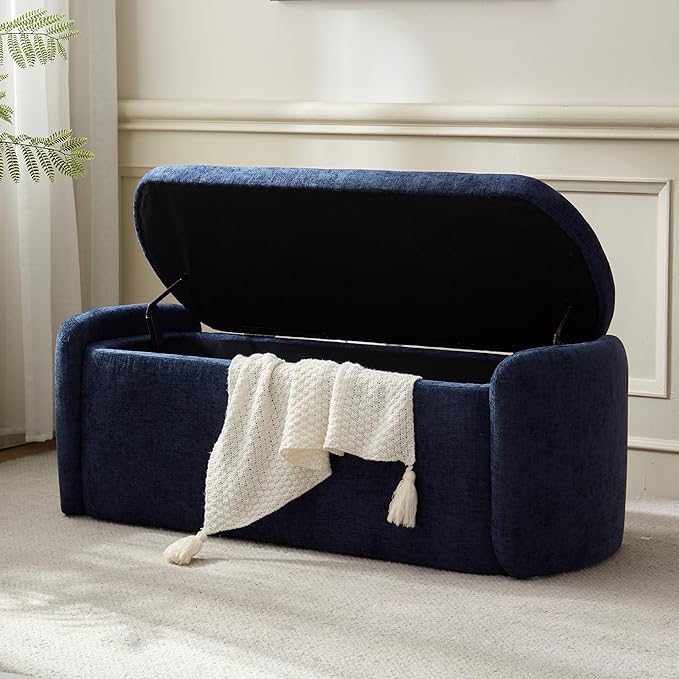 VKNOW 46" Oval Storage Ottoman Bench, Upholstered End of Bed Bench Ottomans Bench Foot Rest, Sherpa Storage Bench for Bedroom, Living Room and Hallway, Navy