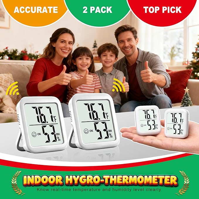 Antonki 2 Pack Room Thermometer for Home, Hygrometer Indoor Humidity Meter Gauge, Digital Temperature and Humidity Monitor Sensor for House, Terrarium, Incubator, Greenhouse - Battery Included