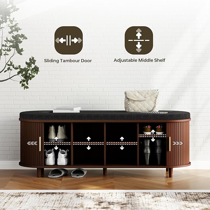Entryway Bench with Storage: 51.2" Wooden Bedroom Shoe Bench with Thickened Padded Seat Cushion, Mid Century Modern Fluted Sliding Door and Adjustable Shelf, for Entryway, Living Room