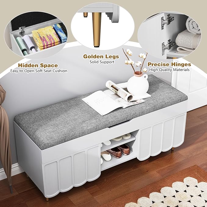 3More 40" Entryway Shoe Storage Bench,Upholstered Hidden Space Beneath Seat Cushion Bench,2-Tier Unique Geometric Shape with Wood Grain,White