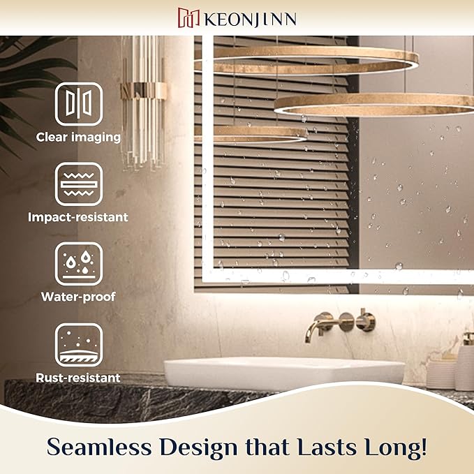 Keonjinn 24 x 30 Inch Bathroom Mirror with Lights, LED Vanity Mirror with Frontlit & Backlit, Stepless Dimmable 3-Color Temperature, Lighted Mirror with Anti-Fog, Tempered Glass(Horizontal/Vertical)