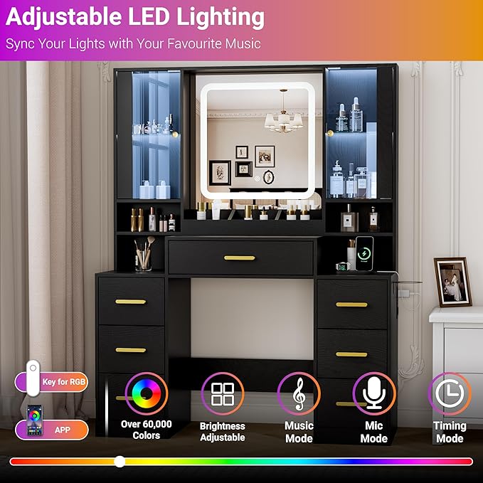 Vanity Desk with Mirror and Lights, Makeup Vanity with 7 Drawers, 2 Glass Door Cabinets, Charging Station, Adjustable Shelves, RGB Lighting, Hair Dryer Holder