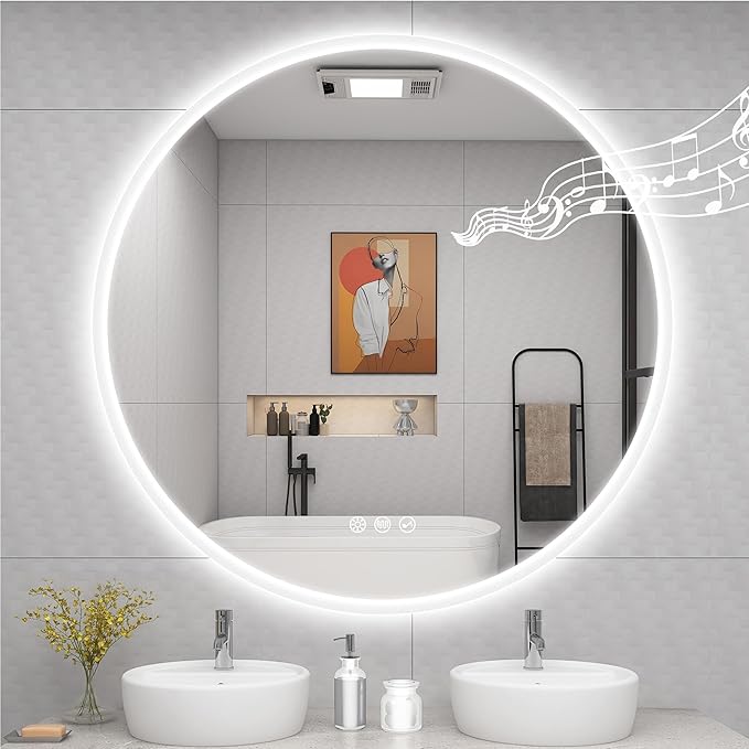 STARLEAD 36" Round LED Bathroom Mirror with Bluetooth Speaker, Dimmable Lighting, 3 Color Modes, Anti-Fog, Touch Control Wall Mounted Vanity Mirror