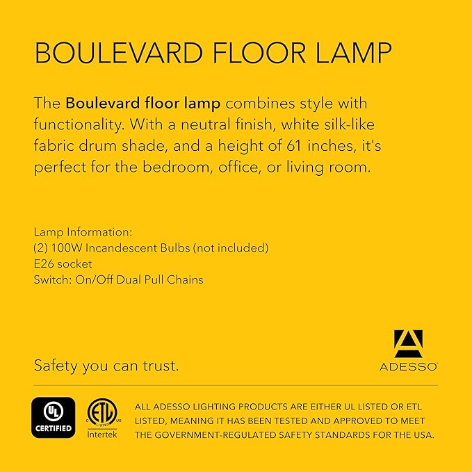 Adesso Floor Lamp with Dual Pull Chains, Brushed Stee; Finish, White Fabric Lampshade – Bedroom, Home Office Lighting, or Living Room Decor, 61” x 18.5”