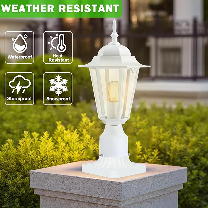 Outdoor Post Light, Pole Lantern, Waterproof Die-Cast Aluminum Pole Light Fixture with Glass, Exterior Post Lamp for Garden Yard Patio Pathway, Matte White, 2-Pack