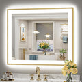 30x36 Gold LED Bathroom Mirror with Lights, Brushed Gold Framed Backlit and Front Lit Anti-Fog Lighted Vanity Mirrors for Bathroom Wall, Dimmable, 3 Colors, Memory, HD Tempered Glass, CRI＞90