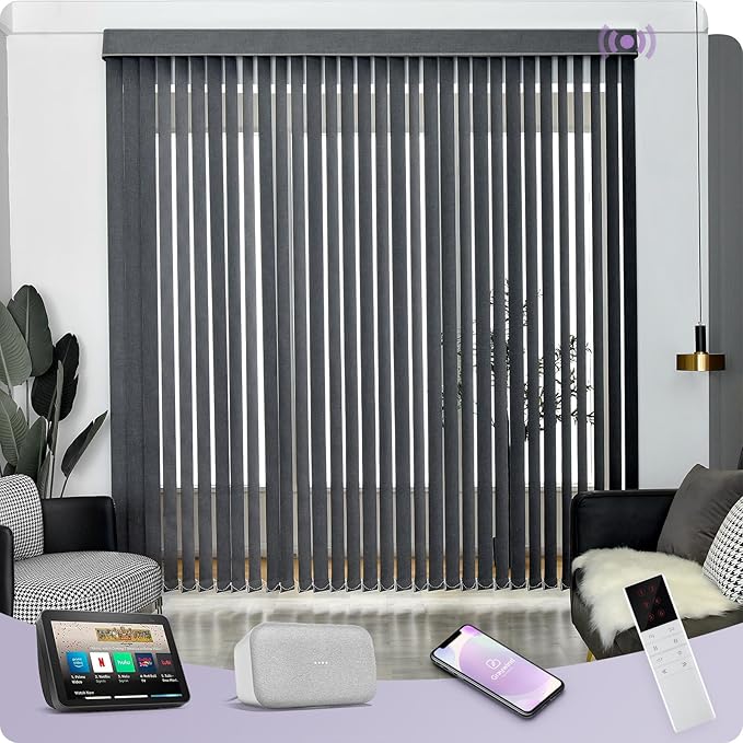 Graywind Motorized Vertical Blinds Compatible with Alexa Google Privacy Reversible Blackout Smart Vertical Blind Remote Control Track Slats Set for Sliding Glass Doors, Width Up to 157", Dark Grey