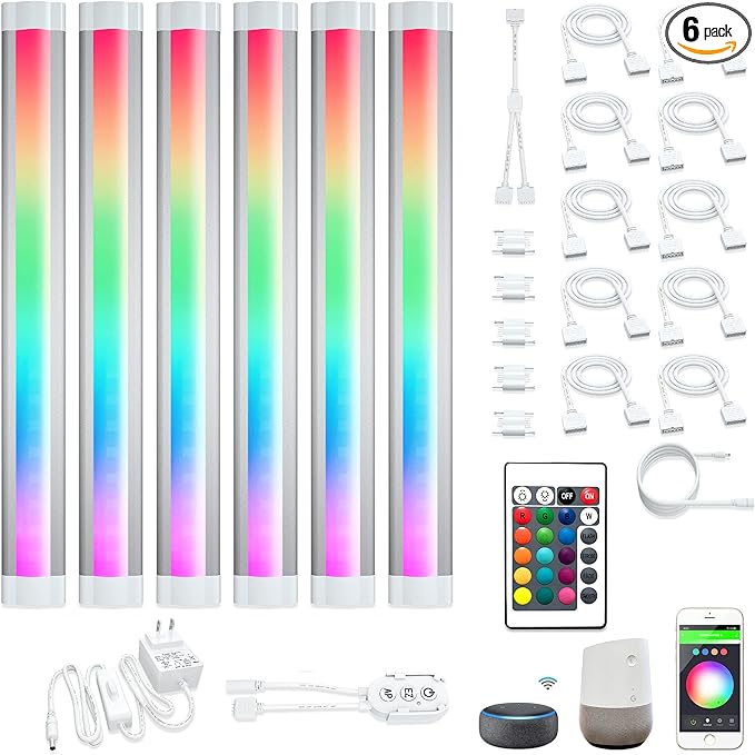 Smart Under Cabinet Lighting with Remote,RGB Cabinet Lights,Color Changing LED Strip Lights for PC,Kitchen Under Counter Lighting Plug in,Shelf Lights,LED Light Bar,Work with Alexa,Google,App,6pcs
