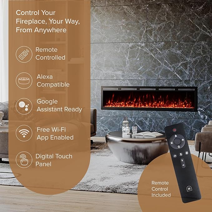 Modern Ember Vibrance 72 Inch Smart Linear Electric Fireplace Insert - Recessed or Wall-Mount, LED Multi-Flame Colors, Alexa/WiFi Enabled - Remote Included - Crystals