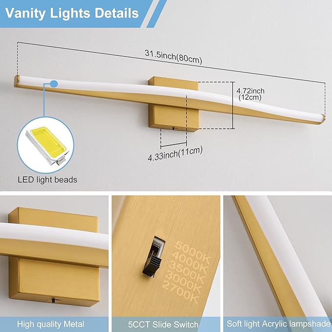 Modern Bathroom Vanity Light 32 inch, Curved, Dimmable 5CCT Led Bathroom Light Fixture Over Mirror, Gold Bar Vanity Light for Bathroom Mirror Cabinets-ETL Certificated Modern LED Vanity Makeup Lights