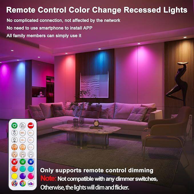 Recessed Lighting 6 Inch RGBCW Color Changing Canless LED Recessed Ceiling Light with Junction Box,16W 1350LM LED Downlight Dimmable by Remote Control, Memory, 3 Modes, Delayed Light Off, 1Pack