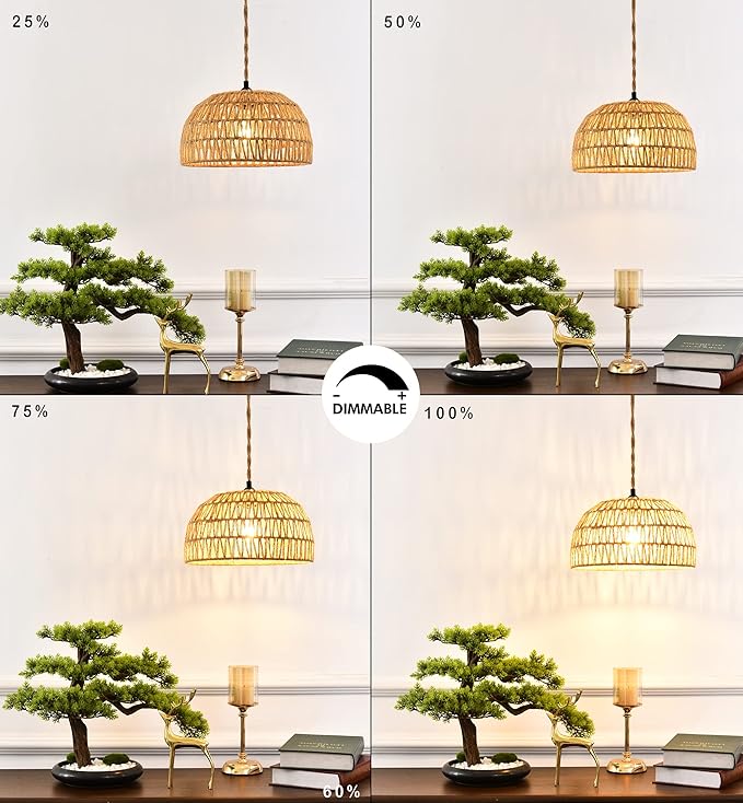 Plug in Pendant Light Rattan Hanging Lights with Plug in Cord Wicker Hanging Lamp with Woven Bamboo Basket Lamp Shade,Dimmable Switch,Boho Ceiling Light Fixtures for Kitchen,Farmhouse,Bedroom
