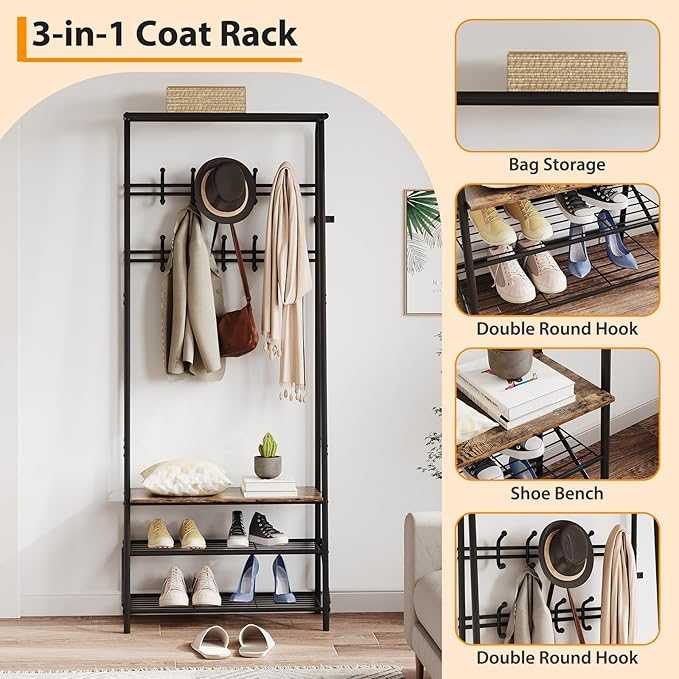 25" Coat Rack Hall Tree Shoe Rack Bench with Hooks, 4-Tier Shelf Entryway Coat Hanger Stand with Storage, Freestanding Metal Frame Multifunctional Hallway Organizer, Accent Furniture for Bathroom