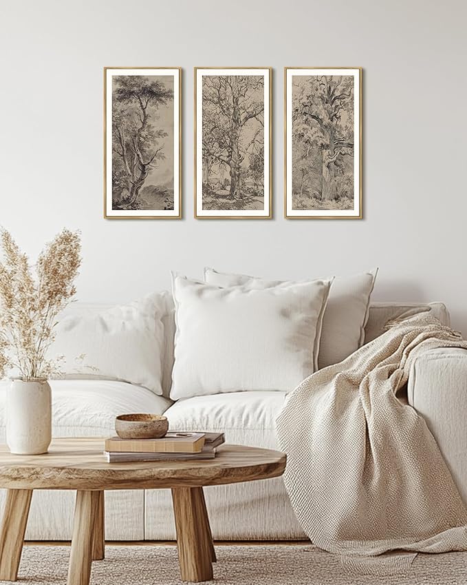 KUVIOKE Vintage Sketch Trees Drawings Farmhouse Rustic Framed Wall Art for Living Room Bedroom Ready to Hang 8x16in3pcs Natural Framed