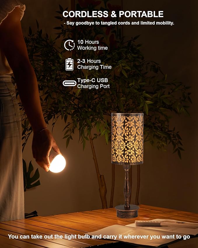 UMEXUS Rechargeable Cordless Table Lamp with Remote, Timer & Dimmer & RGB, Battery Operated, Small Touch Bedside Night Lights, Antique Ambient Lighting for Patio Dining Bedroom Living Room Table