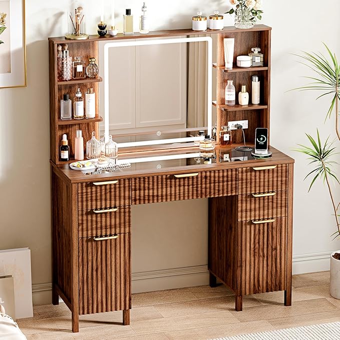 Vanity Desk with Large 27.2" Mirror and Lights 47.2" Fluted Makeup, 5 Drawer Vanity with Power Strip, 4 Open Shelves, 2 Cabinet, Modern Bedroom Vanity Featuring Visual Transparent Glass. Brown