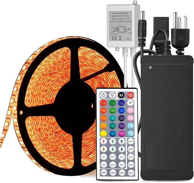HOMELYLIFE 32.8ft RGB LED Strip Lights Super Bright Waterproof 600 LED SMD 5050 Tape Light Color Changing Full Kit with 44 Keys IR Remote Control+24V Power Supply LED Lighting for Party Kitchen Indoor