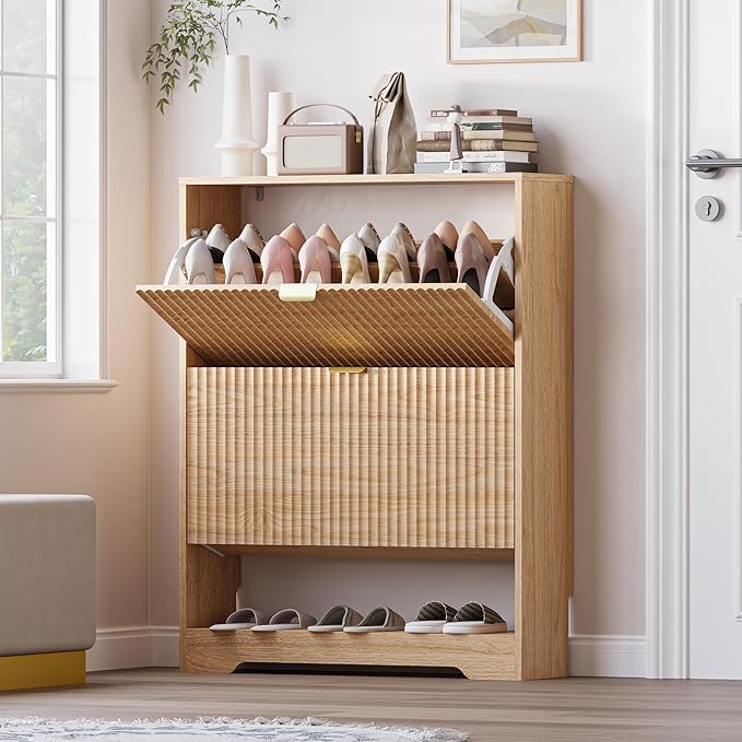 Shoe Cabinet with 2 Flip Drawers, Fluted Shoe Storage Cabinet with Adjustable Shelves, Freestanding Rack and Organizer for Entryway, Hallway