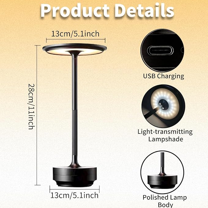 Cordless LED Table Lamp, Rechargeable Touch Control Desk Lamp Battery Operated Nightstand Night Light with Dimmable Brightness for Living Room, Home Office, Restaurant (Black)
