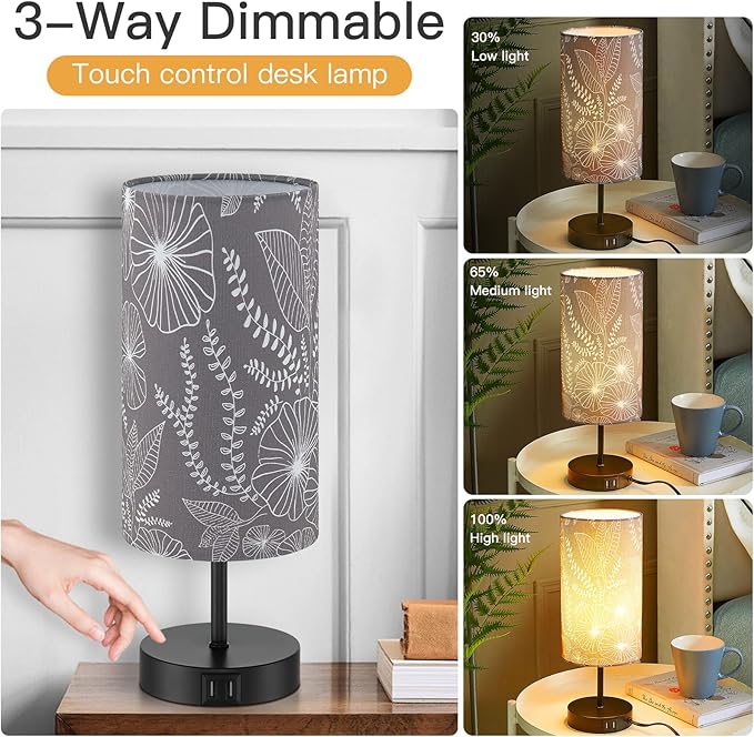 Touch Control Bedside Lamp with 2 USB Ports, 3-Way Dimmable Table lamp for Bedroom, Nightstand Lamp with Round Grey Fabric Shade for Living Room Home Office (E26 LED Bulb Included)