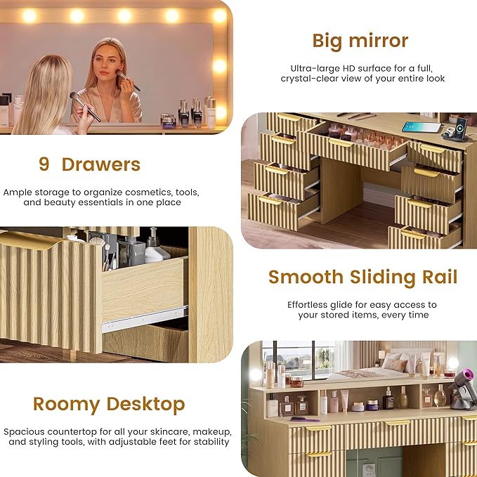 Fluted Vanity Desk with Large Lighted Mirror, Makeup Vanity Desk with Power Outlet, 9 Drawers & Storage Shelf, Women Girls Vanity Dressing Table for Bedroom, Oak