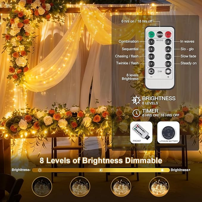 suddus Flexible Copper String Lights Waterproof Decorative Fairy Lights Warm White, 2Pack Total 132ft 400 LED Battery/USB Operated Twinkle Lights for Bedroom, Dorm Decor