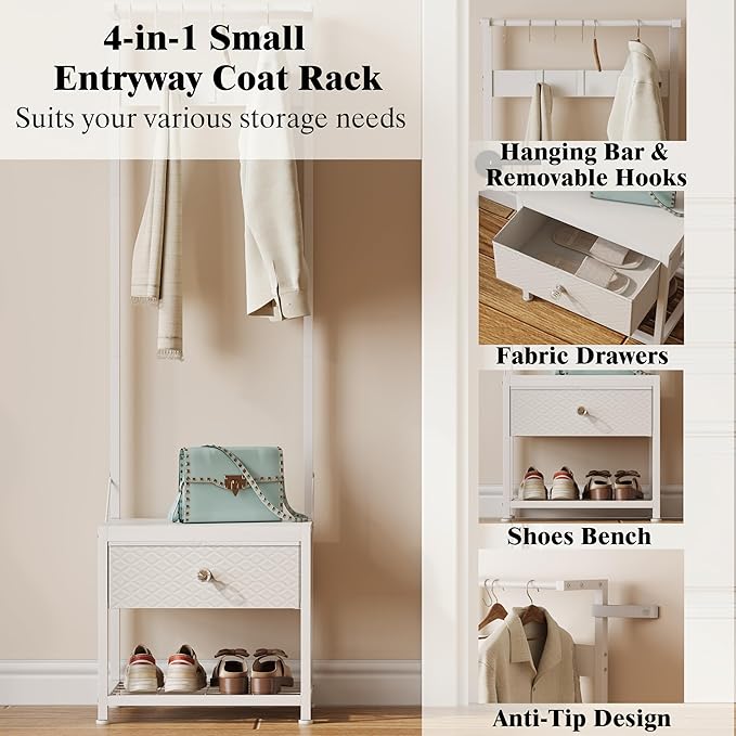 LUMTOK Hall Tree with Shoes Bench, Small Coat Rack with Fabirc Drawer and Shelf for Bedroom, 4-in-1 Entryway Organizer with Shoes Stool for Living Room, Entryway, Closets (Rustic Brown) (White, Small)