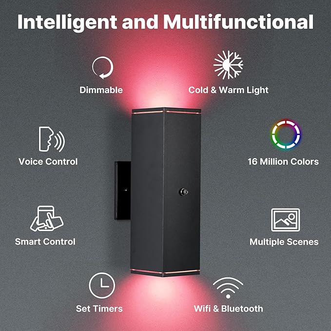 Outdoor Wall Lights 6 Pack, RGBCW Exterior Lighting Sconce,2700K-6500K Dimmable Smart Porch Lights Outdoor for House Patio Garage, Compatible with Alexa/Google Assistant, Bulb Included
