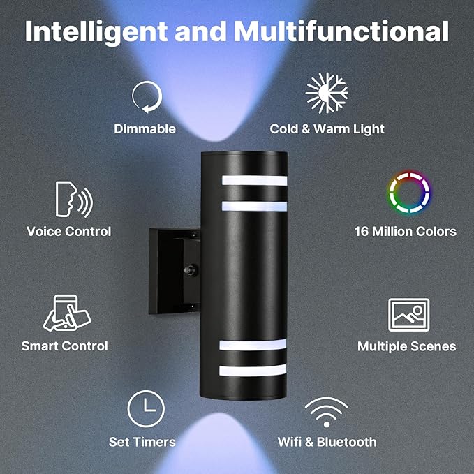 RGB Up and Down Lights Outdoor Wall Lights 4 Packs, Smart Color Changing Outdoor Wall Sconce WiFi Voice & App Control,Aluminum Waterproof Exterior Lights for Porch Compatible with Alexa