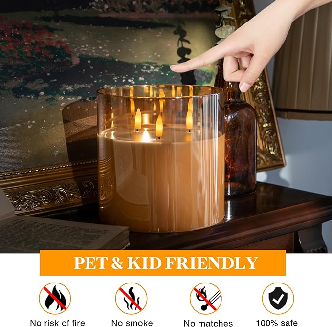 Extra Large Flameless Candles with 3 Wicks, 6"x6" Glass Battery Operated Candles with Remote, Real Wax Flickering LED Candles Fake Candle for Home, Wedding, Party, Glod